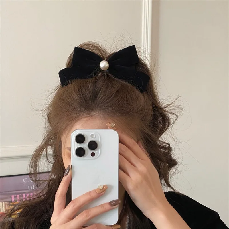 French Retro Black Velvet Pearl Bow Elegant Spring Clip New Back Head Hair Clip Hairpin Women