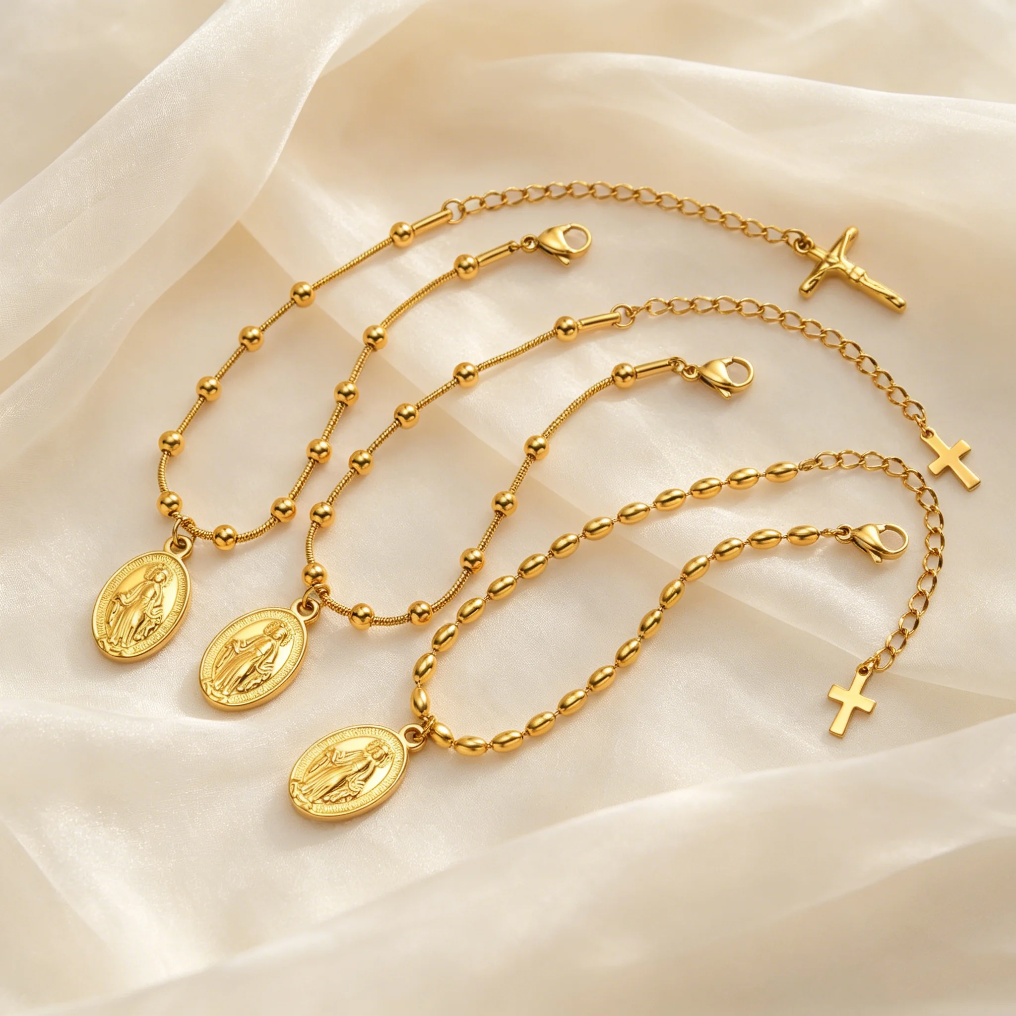 Pulsera de Rosario de la Virgen María para Mujer, Cadena de Cuentas Chapadas en Oro de 18K, Pulseras de Acero Inoxidable, Joyería Religiosa con Cruz para Rezar