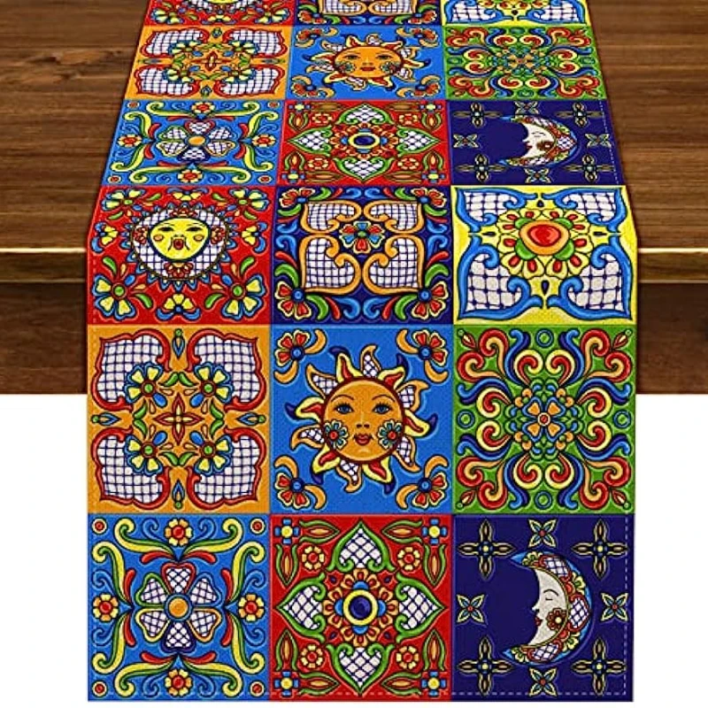 

Mexican Talavera Ceramic Tile Linen Table Runner Party Decor Dia De Los Muertos Table Runners for Dining Table Decoration