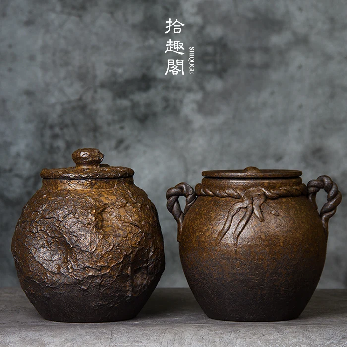 Handmade Rough Pottery Tea Jar, Earthenware Storage Pu Erh Black Ceramic Awakening Non