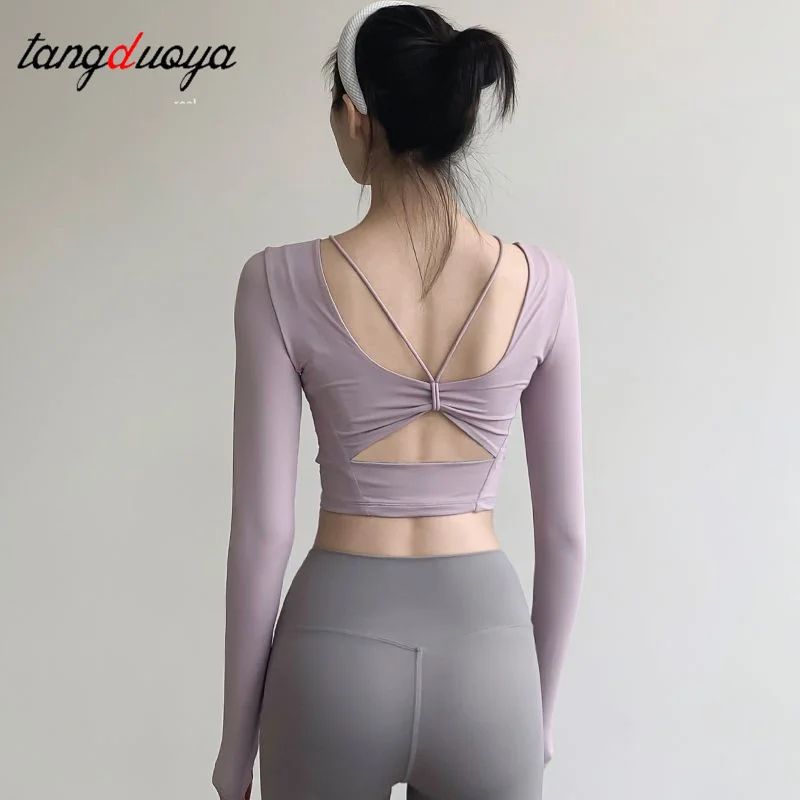 Sports Shirt Women Long Sleeve Fitness Crop Top Build-in Cup Yoga Shirts Pilates Sportswear Workout Training Gym Tops Activewear