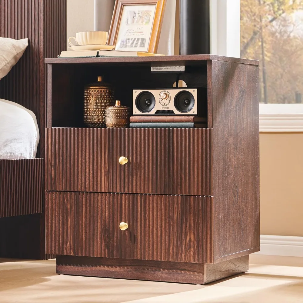 

Fluted Night Stand with Charging Station, 21.65" Nightstand with 2 Drawer, 2 Drawer Dresser for Bedroom, Morden End, Customized
