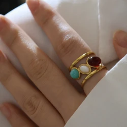 Personality Spanish Style Colorful Wide Three Layers Opening Ring Stainless Steel Morandi Color Stone Opening Ring For Women