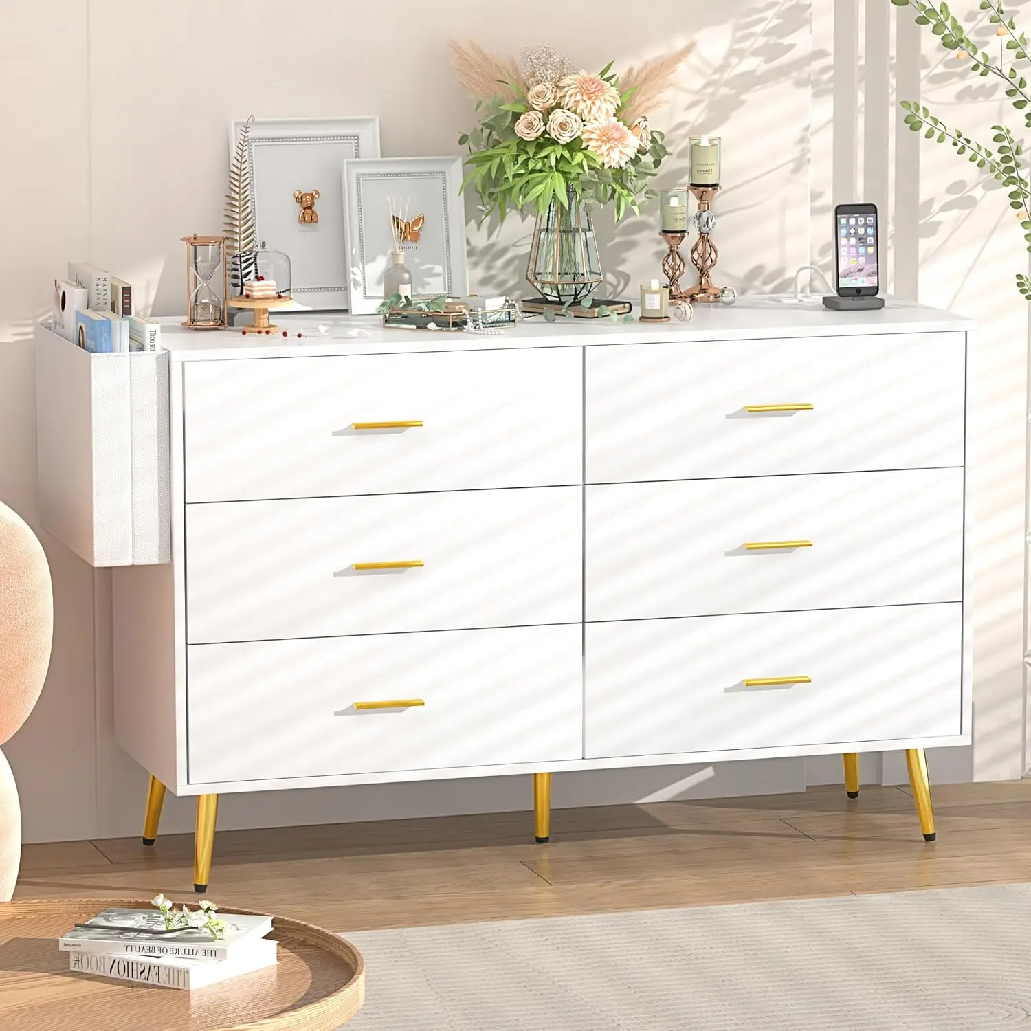 6 Drawer Dresser for Bedroom with Power Outlets, Modern Wood Dresser with Wide Drawers and Gold Metal Handles, White