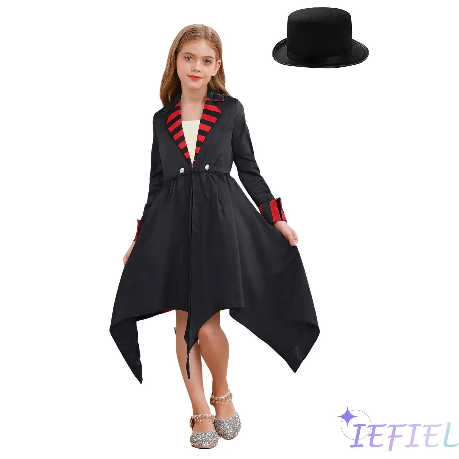 

Childrens Halloween Dress Up Costume Vampire Themed Notched Lapel Coat with Matching Top Hat for Roleplaying Themed Parties