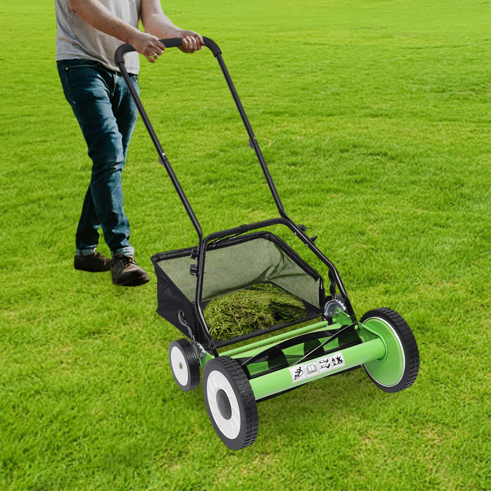 

16-Inch 5-Blade Cordless Manual Reel Lawn Mower, Manual Lawn Mower Push Reel with Adjustable Mowing Height, with Collection Bag
