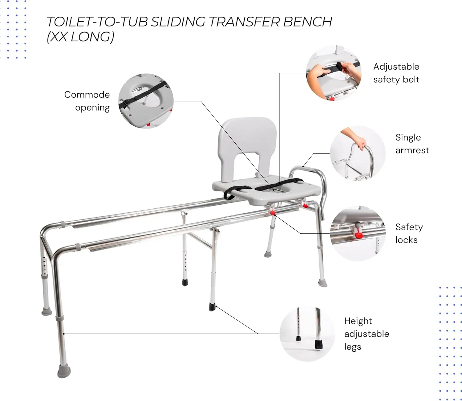 Banc de transfert coulissant des toilettes à la baignoire et chaise de douche (XX de long), système coulissant 77993, sécurité multiple Fe, fournitures de santé