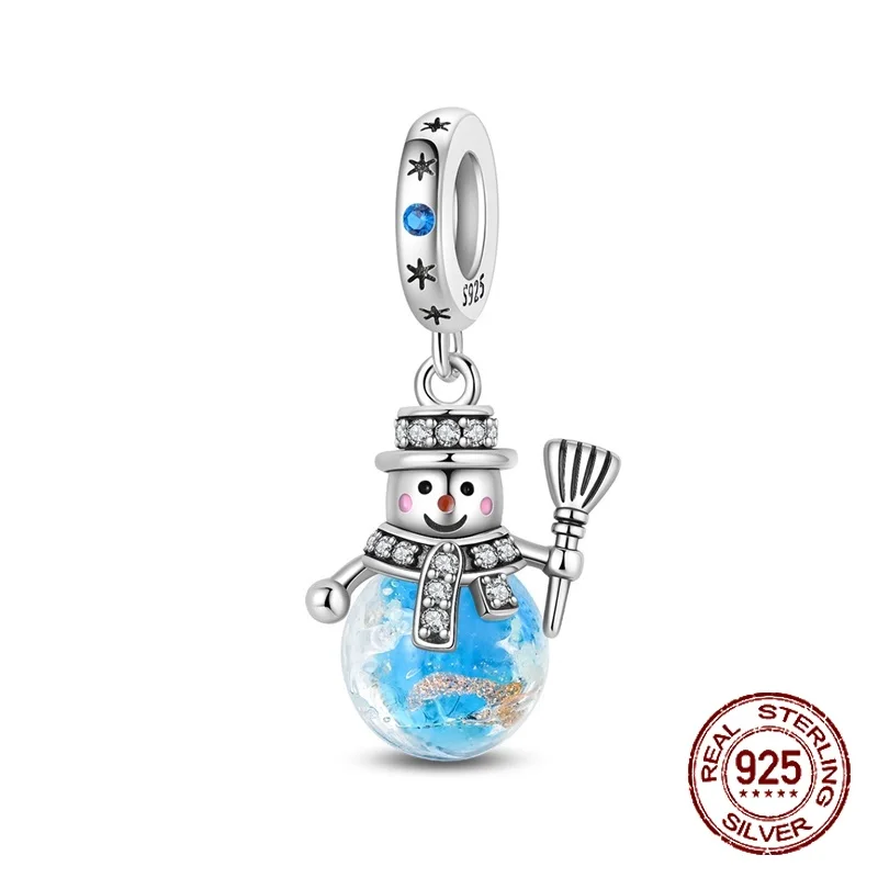 

925 Sterling Silver Crystal Snowman Christmas Ornament Pendant Charm Fit Original Charm Bracelets Women DIY Jewelry Gift
