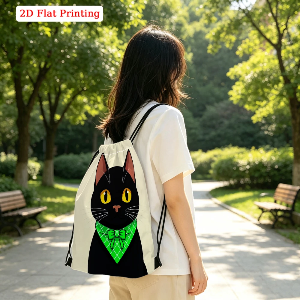 Cute Cartoon Style, Drawstring Backpack, Black Cat With Green Bow Tie Print, Gym Sports Bag, Outdoor Travel Cinch Sack