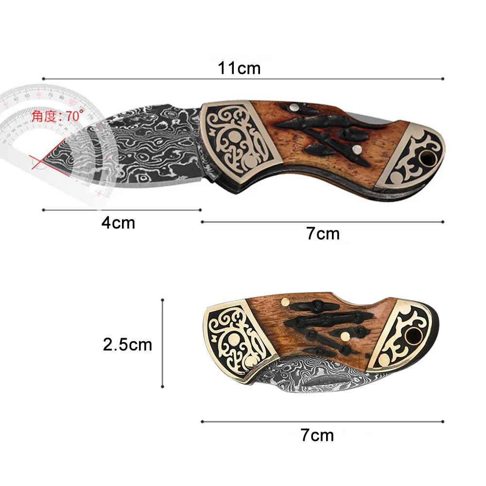 남성용 다마스커스 스틸 소형 포켓 나이프, 소 뼈 손잡이, 미니 접이식 칼, 야외 캠핑 생존 자기 방어 칼