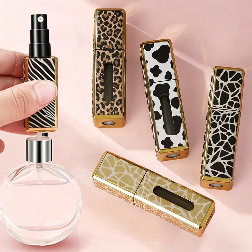 Atomizador de Perfume Cuadrado de 5 ml con Estampado de Leopardo, Vaca y Cebra, Ventana Visible en la Parte Inferior, Recargable, Portátil, con Pulverizador de Niebla Fina, Envase Vacío para Viaje
