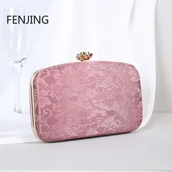 2023 Female Bag Pink Lace Evening Clutch Purse Handbags Luxury Designer Metal Rose Button Shoulder Bag Chain Bride Wallet Bolsas