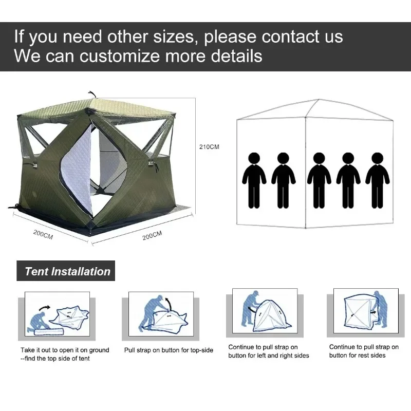 3-Layer Windproof Rainproof Insulated Winter Ice Fishing Cube Quick Setup Tent with Skylight and Chimney Hole Sauna Tent