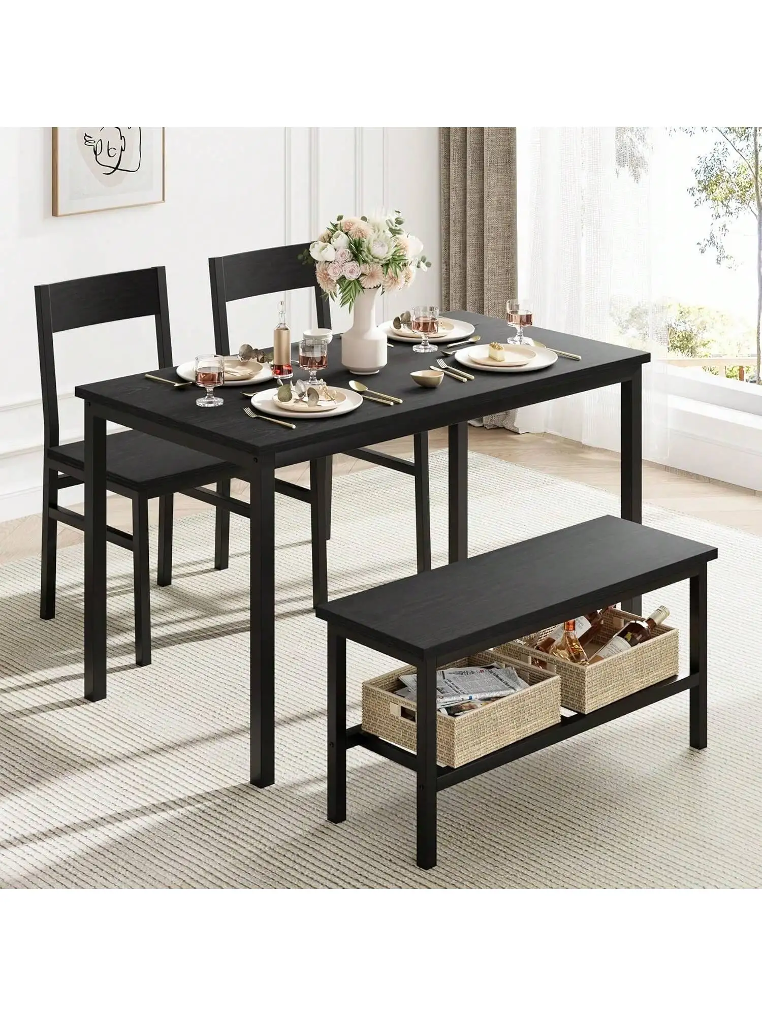 Modernes 4-Personen-Esstisch-Set, Küchen-Essgruppe mit Stühlen & Bank, Aufbewahrungsregal & robustem Metallrahmen, platzsparende Möbel für kleine Räume & Wohnungen
