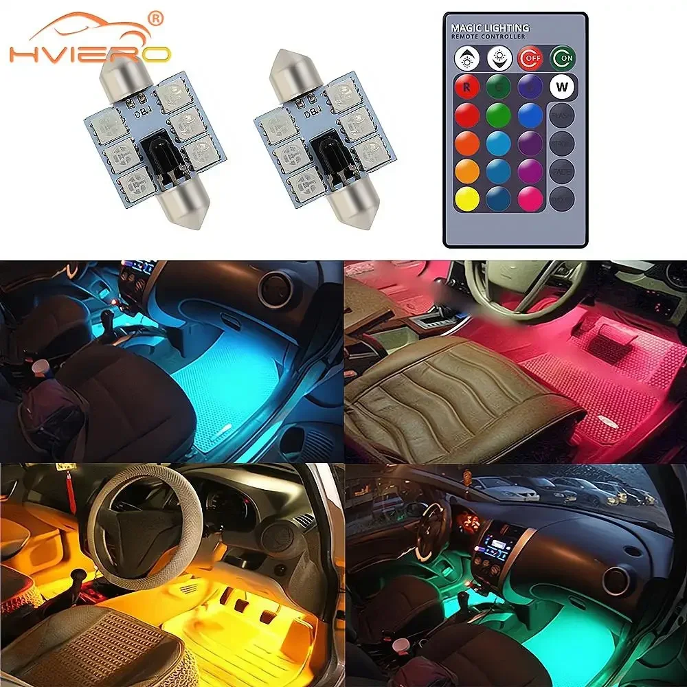 

2x RGB Car Led C5W 36mm 5050 6SMD 12V Festoon Dome Door Multi Color Light Remote Controller Colorful Lamp Roof Trunk Wedge Bulb