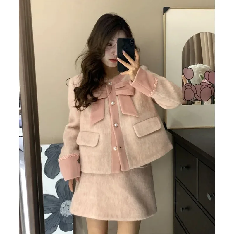 UNXX French Style Small Fragrant Bow Woolen Blazer + Skirt Sets Retro Sweet Lace Up Woolen Jacket Half Skirt Two-piece Set Women