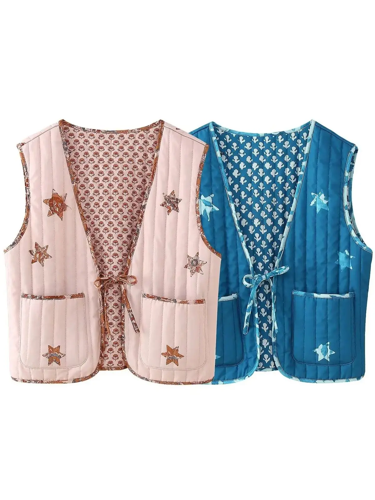 Zevity 2024 Women Fashion V Neck Print Quilted Short Vest Jacket Lady Two Sides Wear Bow Tied Lace Up Crop WaistCoat Tops CT6293