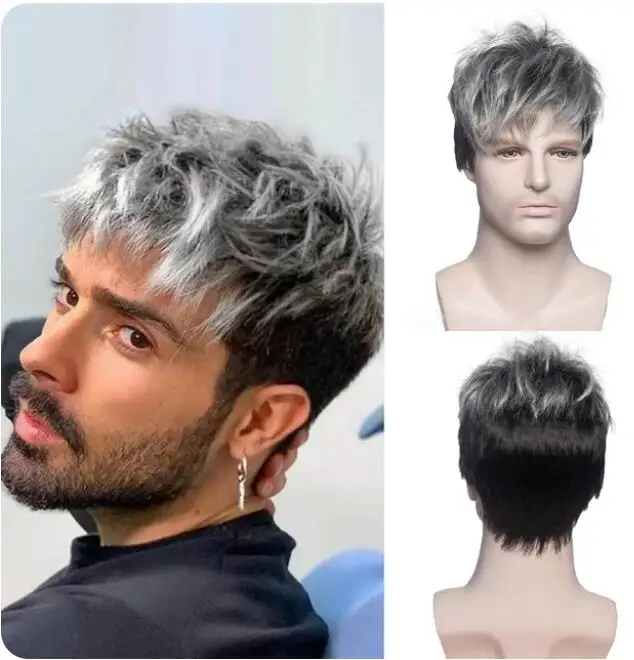 Synthetic Ombre Black and Grey Men Wigs Short Natural Wave Male Wig Daily Wear For Cosplay Adjustable Size Breathable