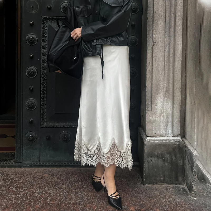 TARUXY Women Fashion Lace Skirt Summer New Commuter Solid Loose Leisure Long Skirt High Waist Daily Party Vacation Female Skirt