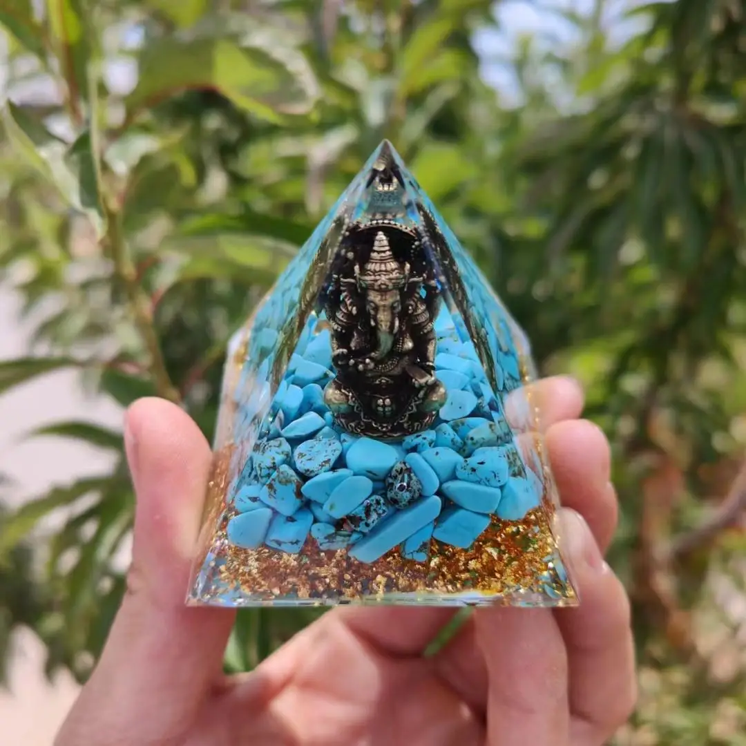 1 peça estátua Ganesha, estátua Ganapati Ganesh em pirâmide de cristal Orgone, pirâmide Ogoun composto de turquesa e folha de ouro