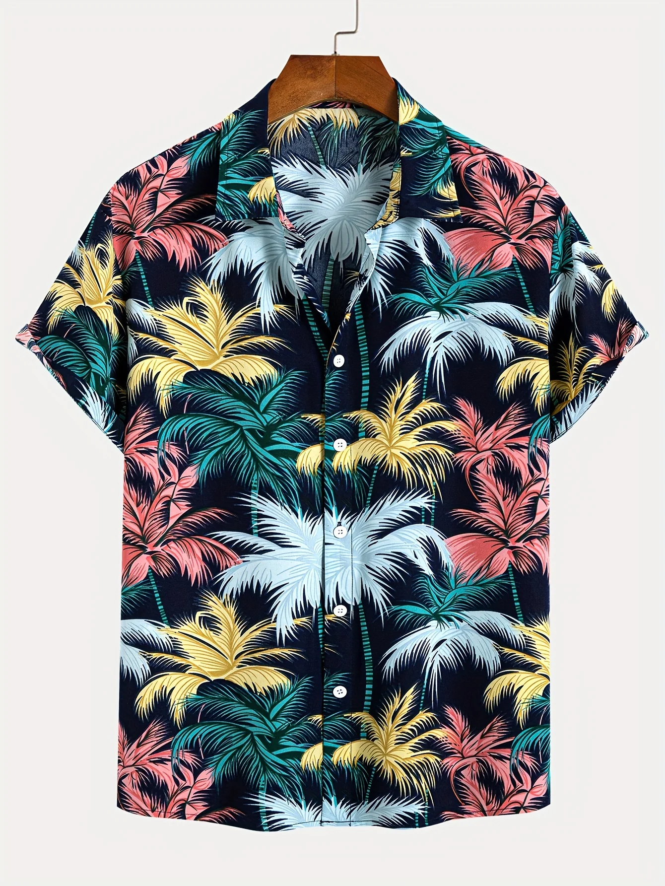 

Tropical Coconut Tree Pattern Men's Short Sleeved Button down Casual Lapel Shirts Summer Resort Hawaiian Style Oversized Tops