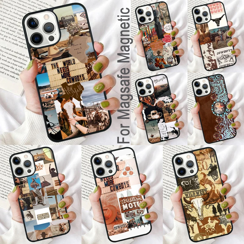 Cowboy Cowgirl Western Ranch Boho Magnetic Soft Phone Case for iPhone 16 Promax 15 Pro 13 14 Plus 11 12 Mini MagSafe Coque