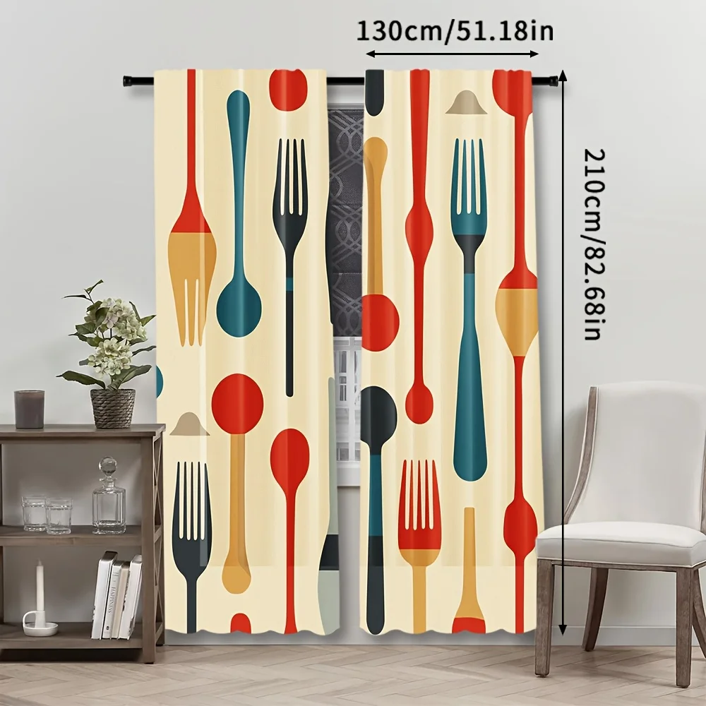 Retro Kitchen Curtain, Colorful Fork Spoon Print Drape, Vintage Dining Room Window Treatment for Home Decor