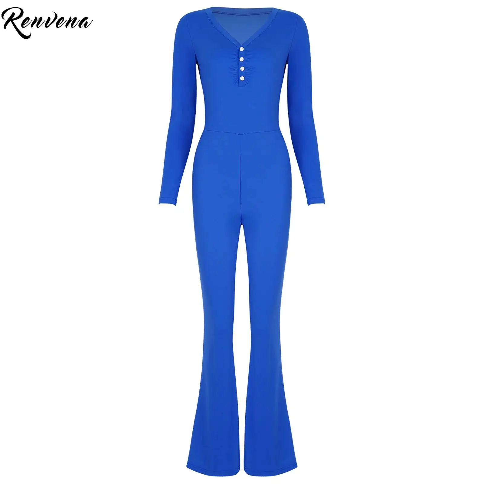 

Womens Casual Romper Bell-bottom Workout Yoga Gym Fitness Exercise Jumpsuit Long Sleeve V-neck Ruched Zipper Crotch Bodysuit