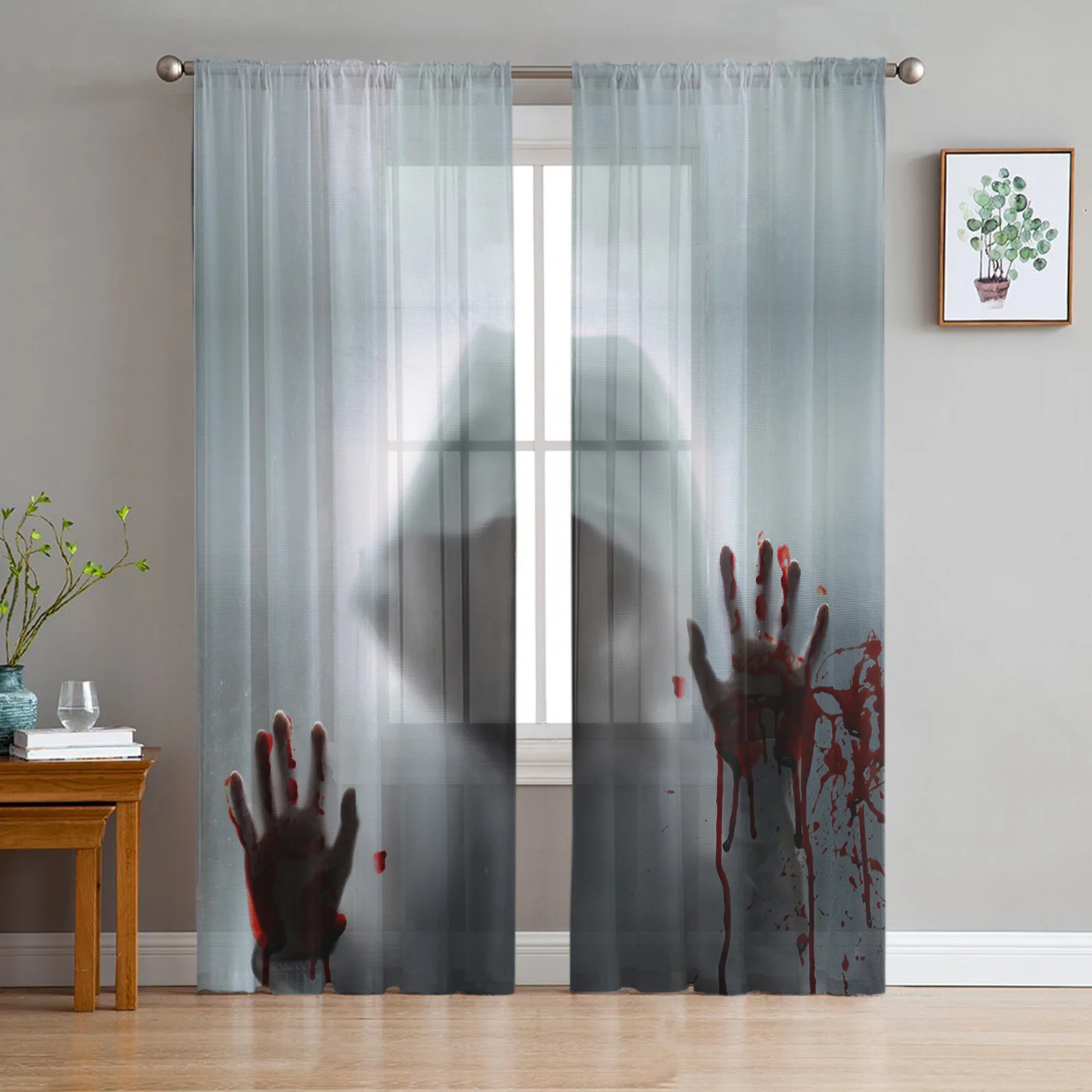 Bloody Handprint Horror Silhouette Sheer Curtains for Living Room Modern Voile Curtain Bedroom Tulle Curtains Window Drapes