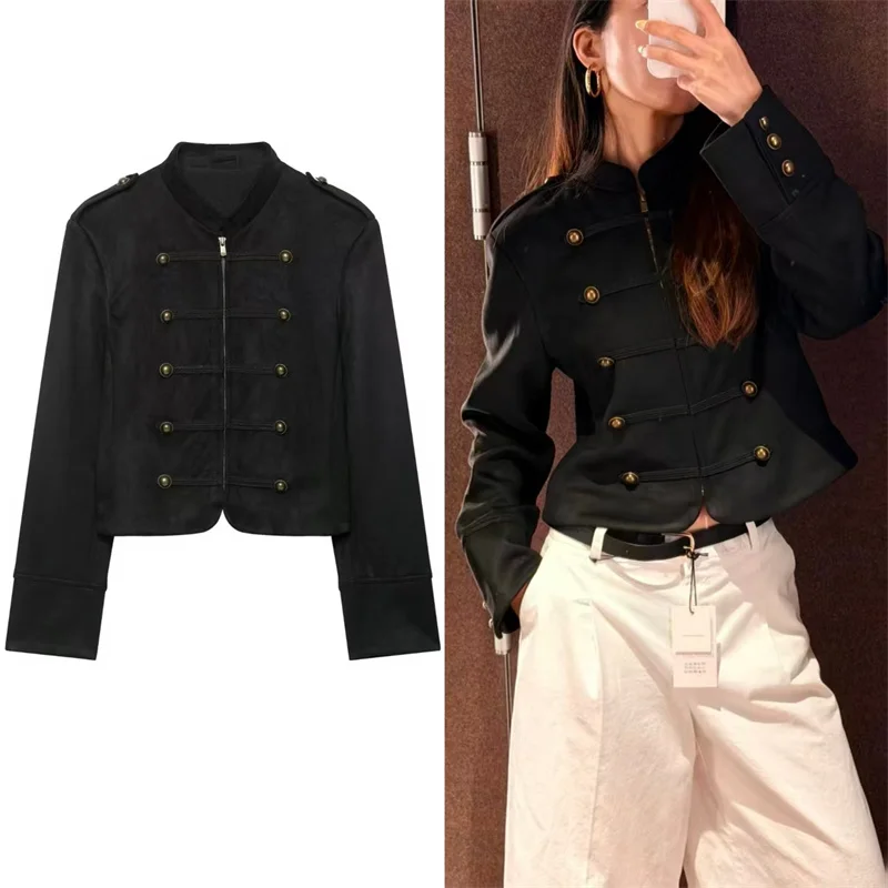 Guobioziy 2026 Fall New Women's Jacket Black Long-Sleeve Suede-Texture Button Napoleon Knight Style Jacket Parka Unique