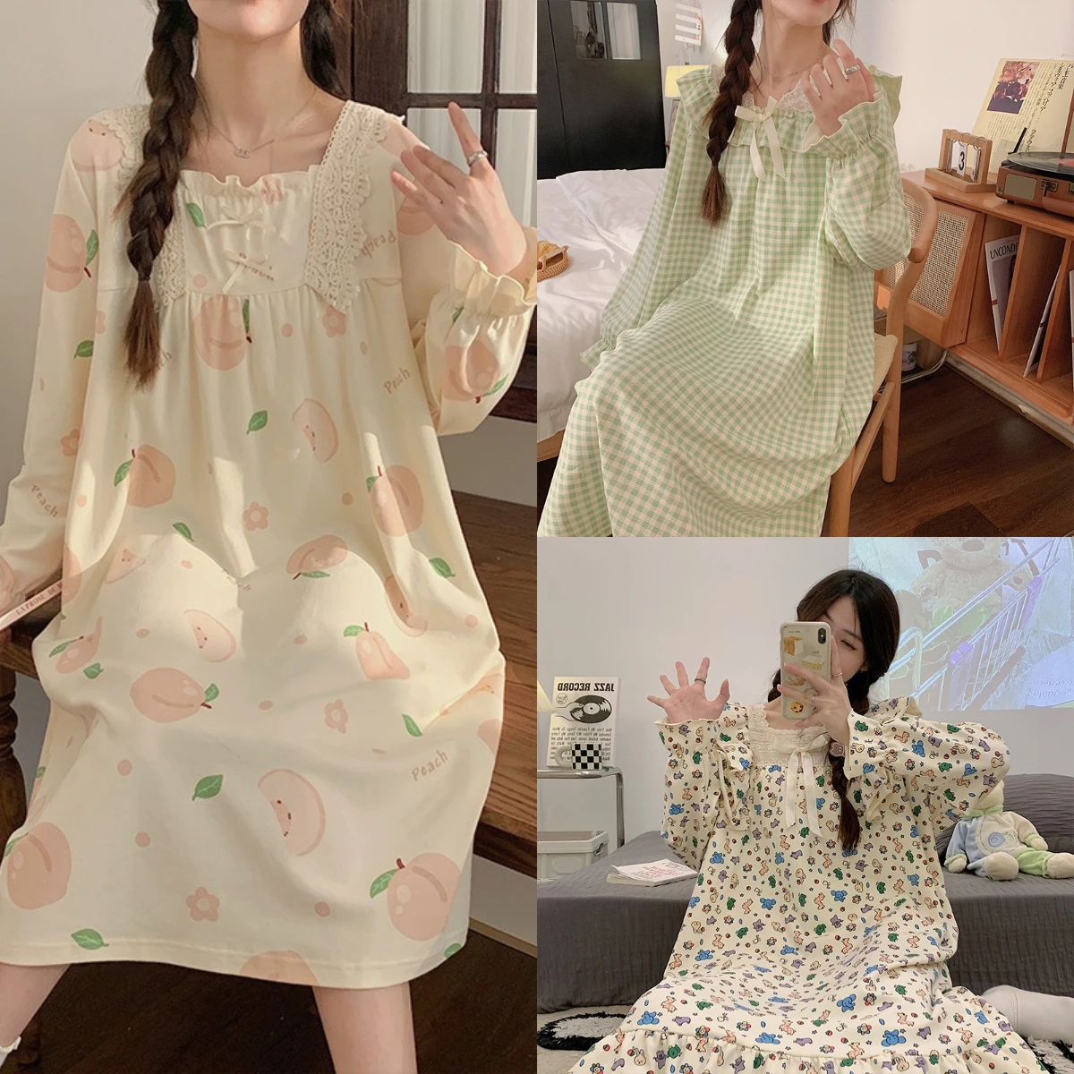 Large Size Dress Maternity Spring Summer Nightgown Cotton Long-Sleeved Pajamas Long Section Kawaii Floral Casual Simple Homewear