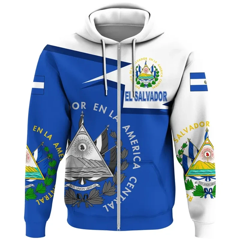 El Salvador Flag Map 3D Print Zip Up Hoodies For Men Clothes National Emblem Hoody Tracksuit Fashion Boy Zipper Hoodie Women Top