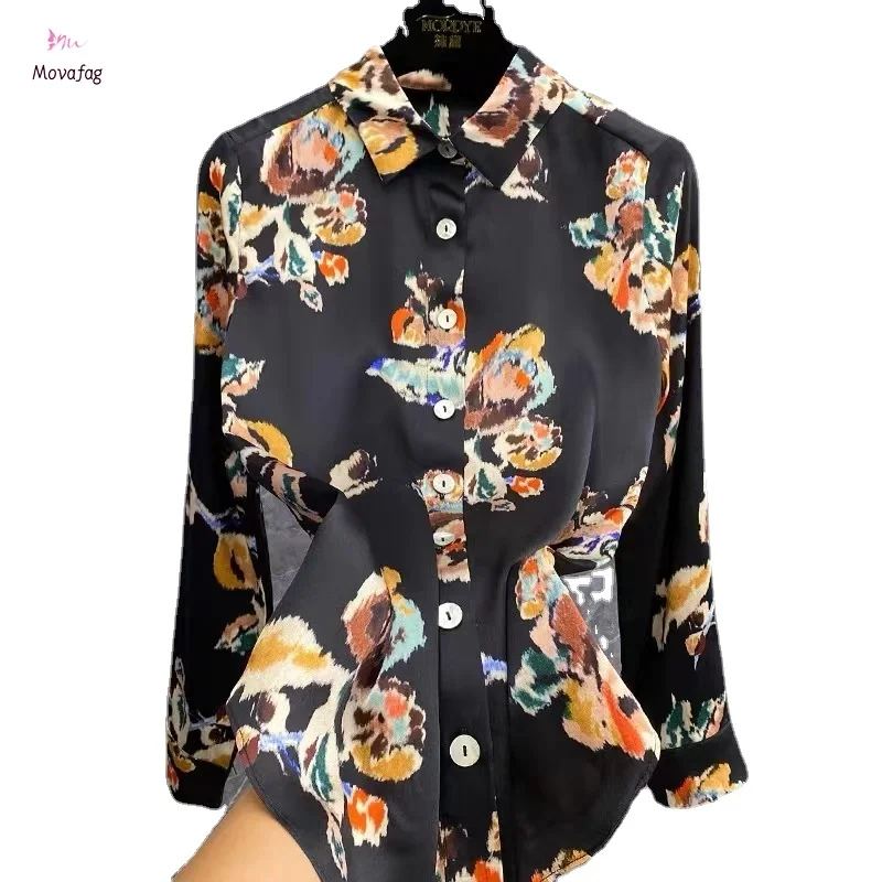 

New 2024 Satin Summer Women's Blouse Casual Fashion Advanced Temperament Simplicity Tops Printing Long Sleeved Shirt