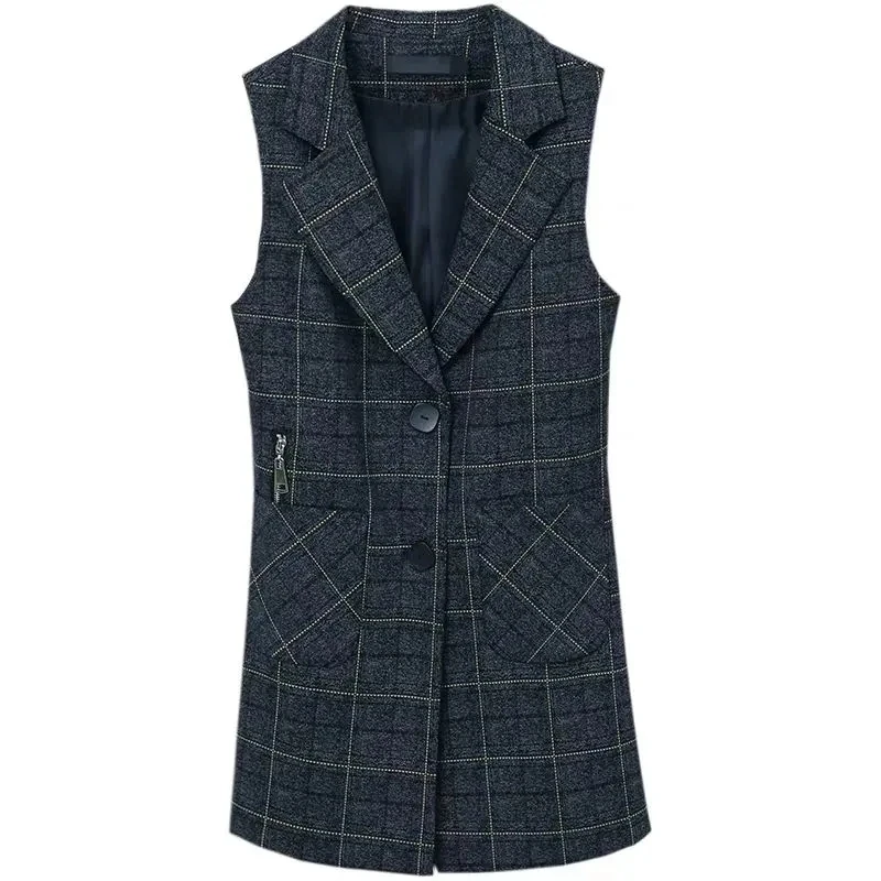 Women Long Blazer Vest Elegant Office Lady Plaid Coat Female Waistcoat Causal Suits Sleeveless Jacket Pocket Outwear