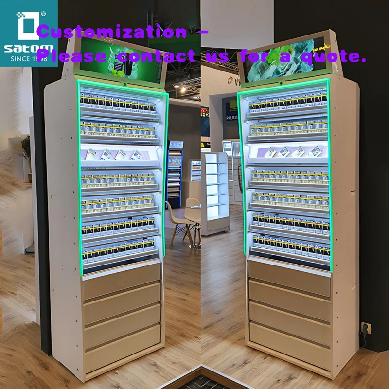 custom.Satom Flip Flap Cigarettes Shelves Pusher System Display Stand Automatic Pusher ABS Shelf