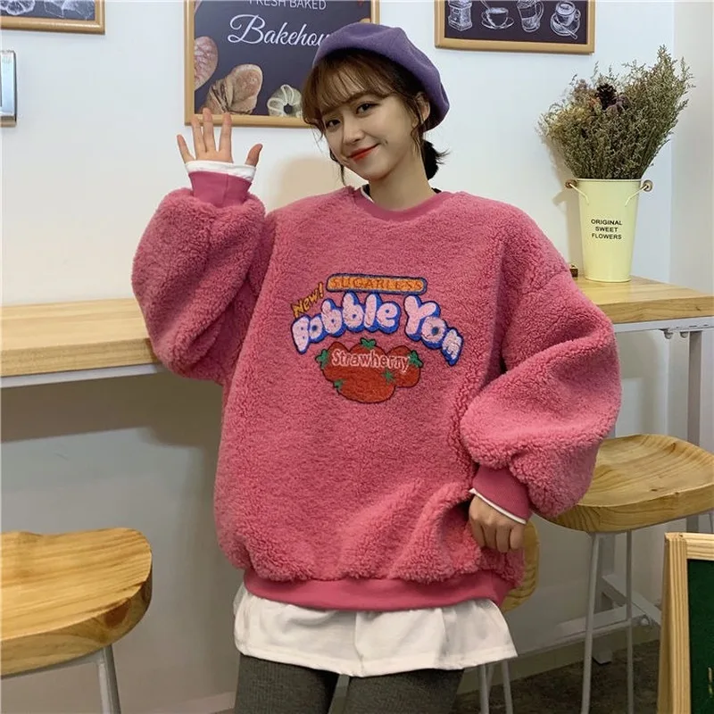 Sweatshirt Women Lovely Soft Thicker Velvet Cartoon College Girls Winter Clothes Korean Sudaderas Para Mujer Fashion New Design