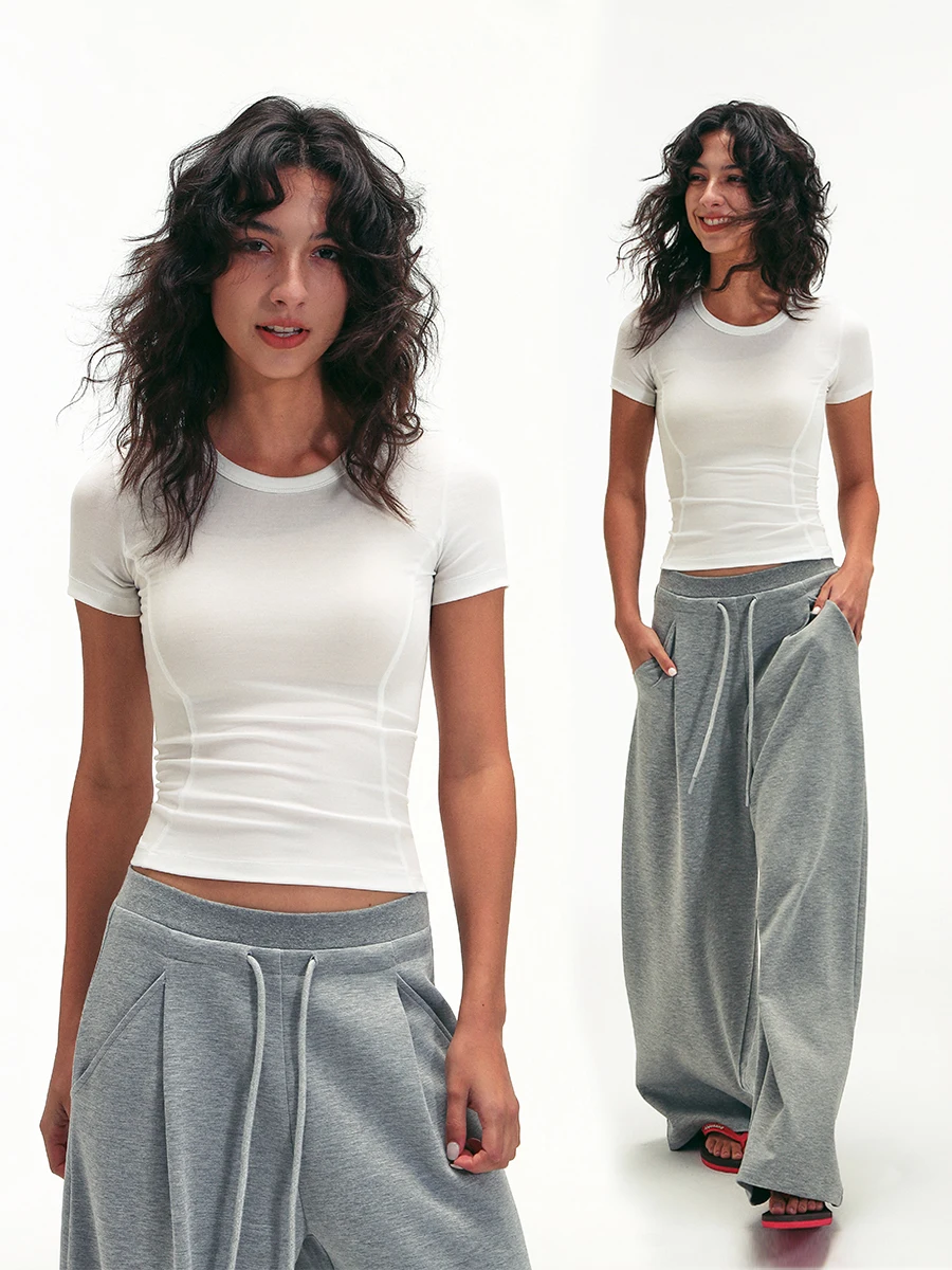 

Slim Fit round Neck Short Sleeve T-Shirt Women's Cool Feeling Lycra Fabric Casual Style Spring Fashion Curve Design Base Layer
