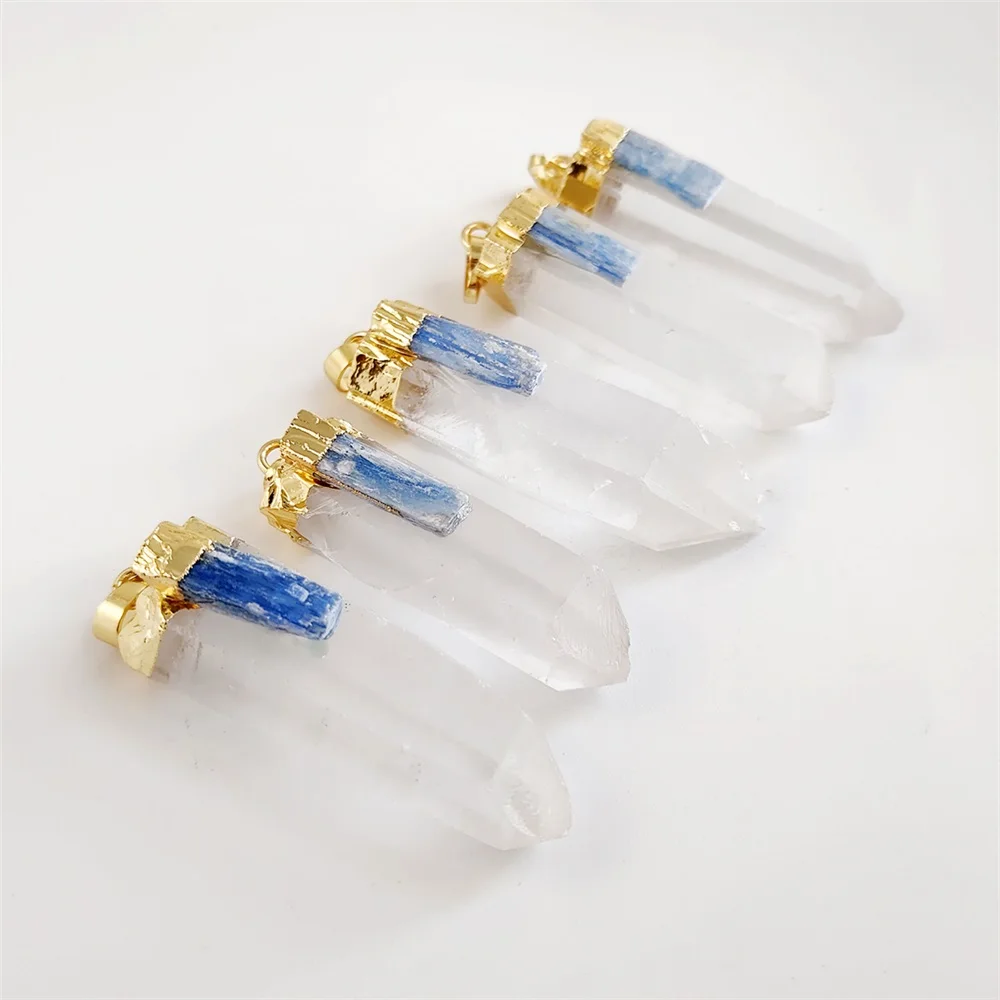 FUWO Wholesale Natural Crystal Point Pendant With Kyanite Charm,Golden Plated Quartz Accessory For Jewelry Making 5Pcs PD037