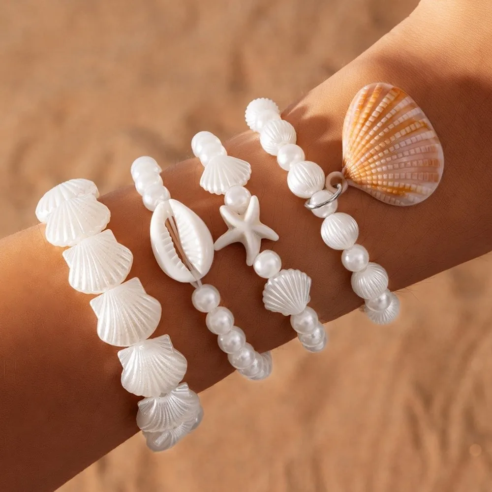 4Pcs/Set Multilayer Shell Pendant Bracelets Imitation Pearl Starfish Conch Beaded Bangles Bohemian Wrap Charm Hand Chain Beach