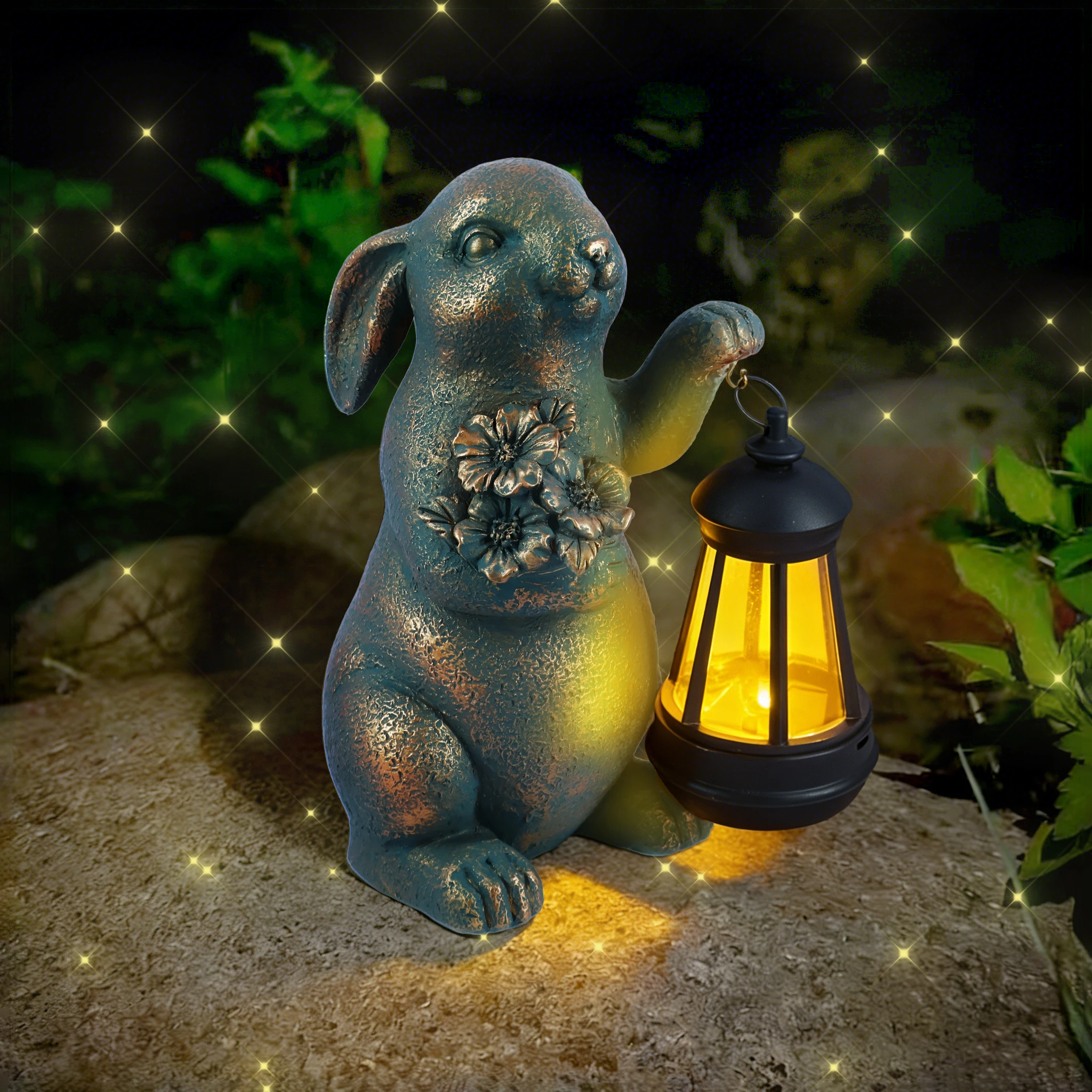 Bronze Finish Bunny Figurine with Solar Lantern & Flowers - Outdoor Garden Decor
