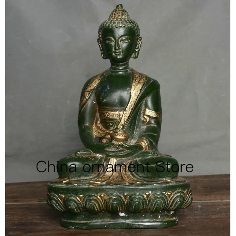 

8" Old China Green Jade Gilt Shakyamuni Sakyamuni Amitabha Buddha Jar Statue