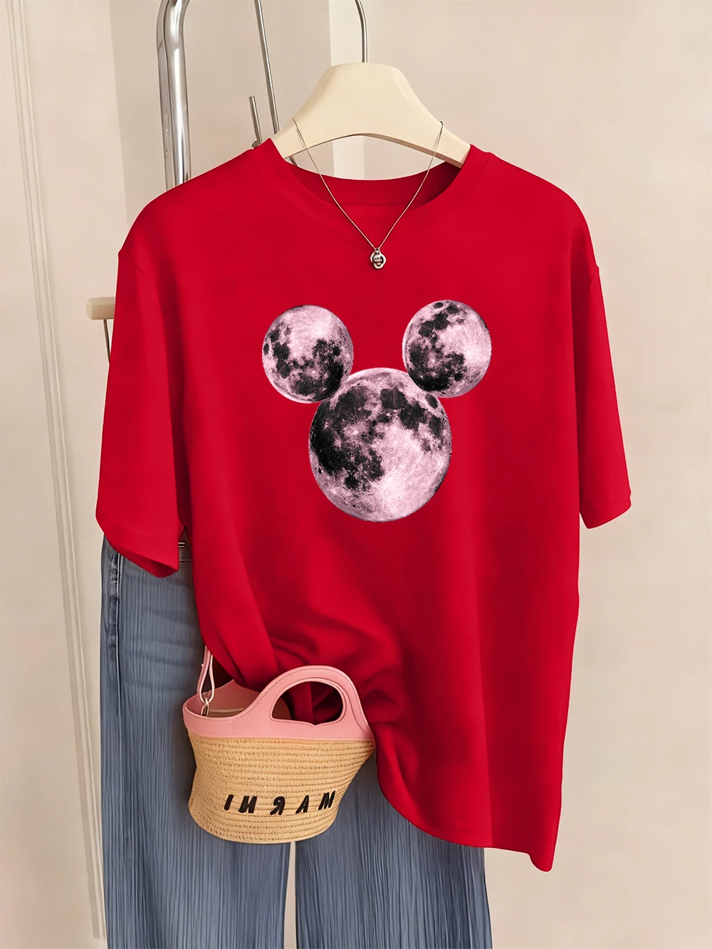Pink Planet Cartoons Prints T-Shirts für Damen, Sommer, bequeme T-Shirts, O-Ausschnitt, weiche Kurzarm-Tops, lässige, lockere Damenkleidung