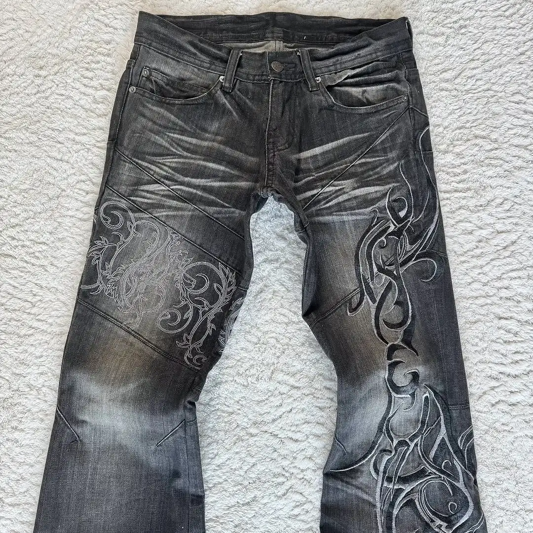 Trendy Three-dimensional Vision Vine Thorn Special Elements Printed Pattern Washing Jeans Women Street Casual Micro-flat Pants