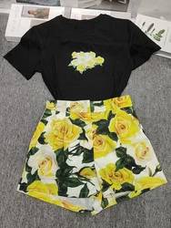 Designer printed T-shirt with round neck and short sleeves summer+high waist and wide leg shorts women's casual suit