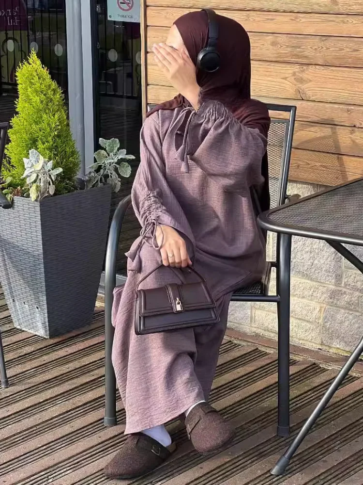 Eid Modest Dress for Women Abaya Lace-up Sleeve Morocco Party Dresses Ramadan Vestidos Largos Kaftan Islam Dubai Arab Long Robe