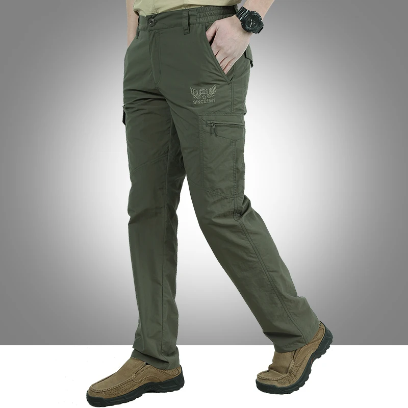 Calça cargo casual multi-bolso masculina, calça leve de trabalho, impermeável, caça, luta, pesca, camuflagem, ao ar livre, verão