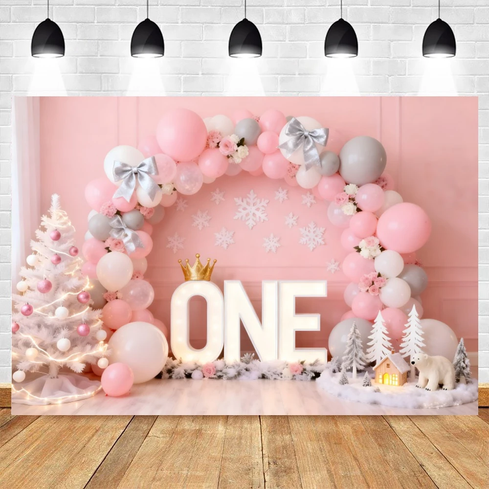 Pink Christmas Winter Baby 1st Birthday Photography Backdrop Ballooms Xmas Tree Snowflake Baby Portrait Photostudio Background