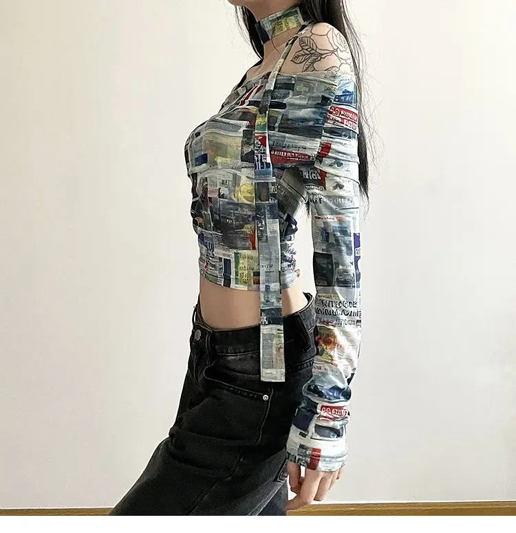 Retro Color Rendering Printed One Shoulder Top Creative Outer Scarf Exposed Navel Long Sleeved T-shirt