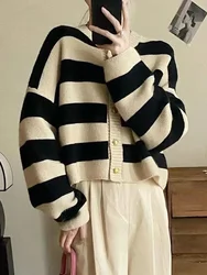 Korean fashion sweater cardigan women knitted striped sweater autumn winter long sleeve loose short cardigans female casual tops