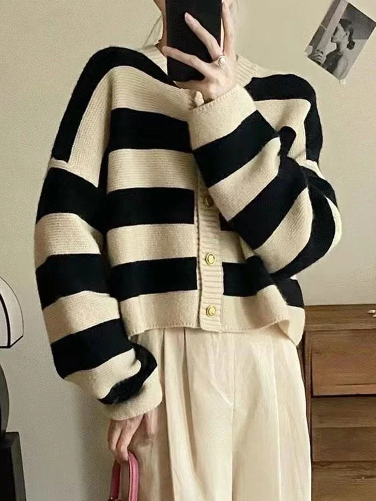 Koreański modny sweter kardigan damski sweter z dzianiny w paski jesień zima długi rękaw luźne krótkie kardigany damskie casual topy